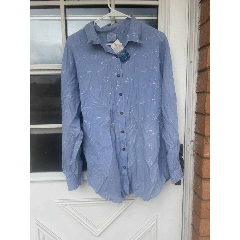 NWT‎ Sea Breeze of California Blue Floral Embroidered Cotton Button Up Shirt M